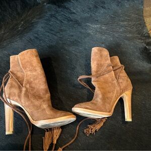 Joie Tan Suede Heeled Booties with tassels